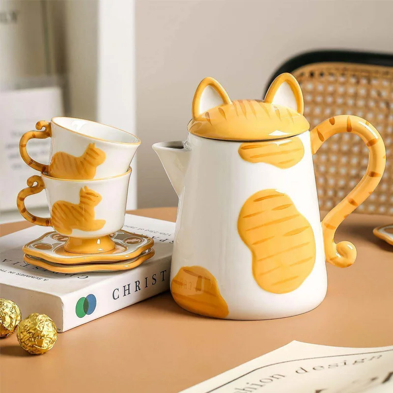 Ceramic Tabby Cat Tea Set (6) Ceramic Tabby Cat Tea Set