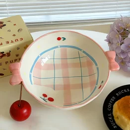Cute Cherry Ceramic Bowl with Bow Handles - 1200ml