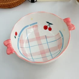 Cute Cherry Ceramic Bowl with Bow Handles - 1200ml