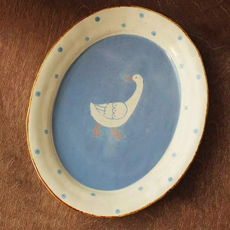 Hand Painted Oval Ceramic Goose Dinner Plate (2) Hand Painted Oval Ceramic Goose Dinner Plate