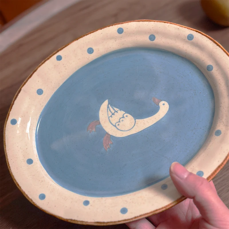 Hand Painted Oval Ceramic Goose Dinner Plate (3) Hand Painted Oval Ceramic Goose Dinner Plate