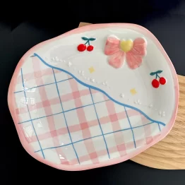 Pink Cherry & Bow Plaid Ceramic Plate