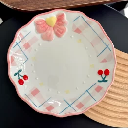 Pink Cherry & Bow Plaid Ceramic Plate