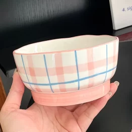 Pink Cherry Plaid Ceramic Bowl - 500ml