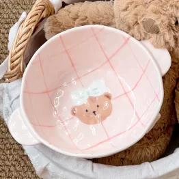 Pink Plaid Bear Ceramic Tableware Set