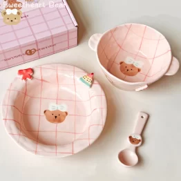 Pink Plaid Bear Ceramic Tableware Set