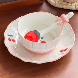 Pink Plaid Cherry Ceramic Dinnerware Set
