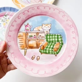 Playful Cartoon Cat Porcelain Dessert Plate